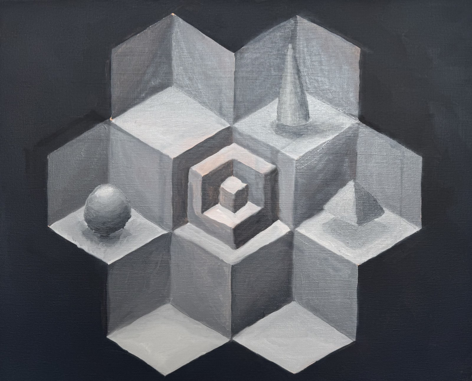Cubist portal: interlocking grey cubes and a sphere on a dark ground