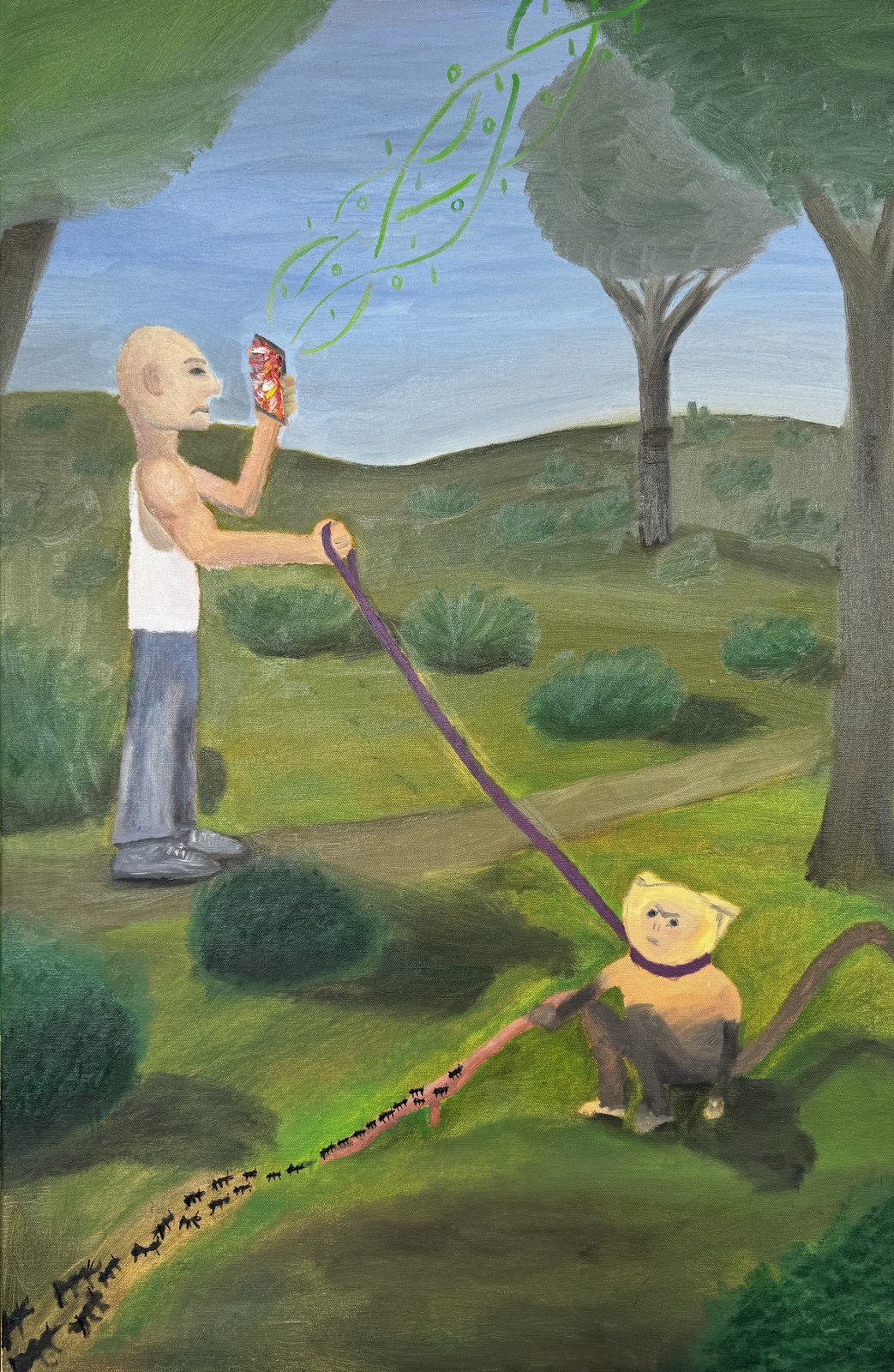 Anthill: a figure walking a cat on a leash beside a trail of ants